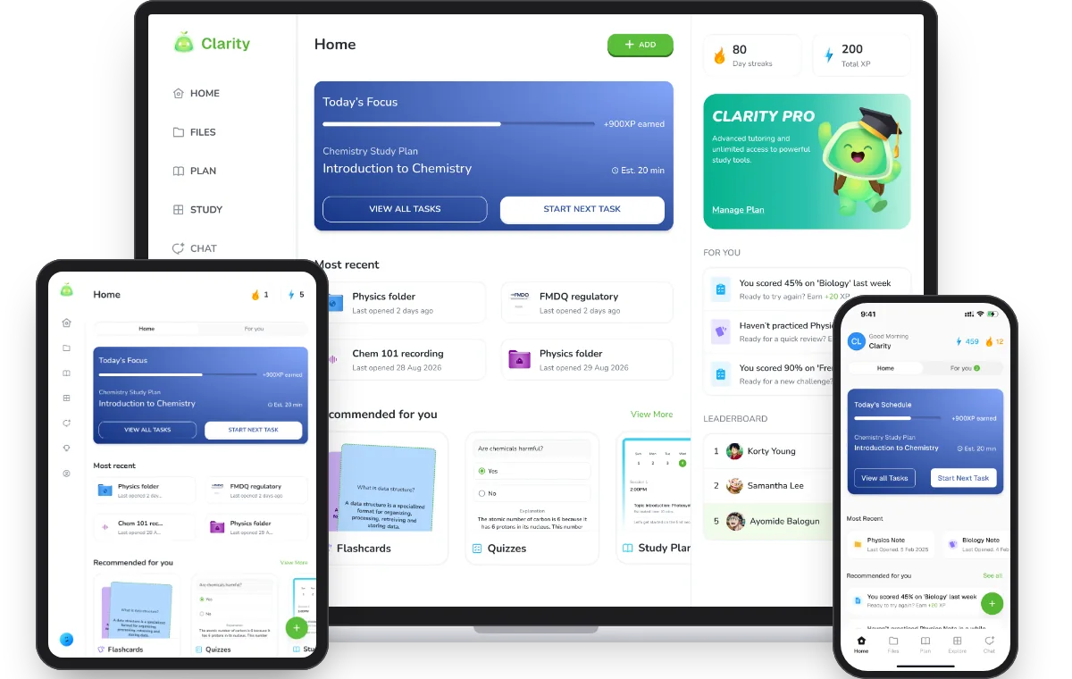 The ClarityStudy home screen on a laptop, an iPad and an iPhone, each showing the same chemistry study plan and today's focus