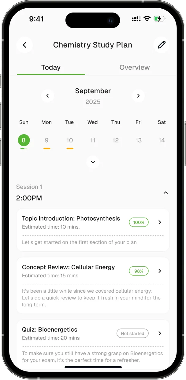 A chemistry study plan with one session of tasks and their progress badges