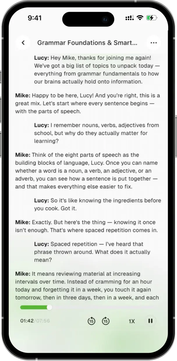 An audio recap playing as a conversation between two voices, with its transcript and playback controls