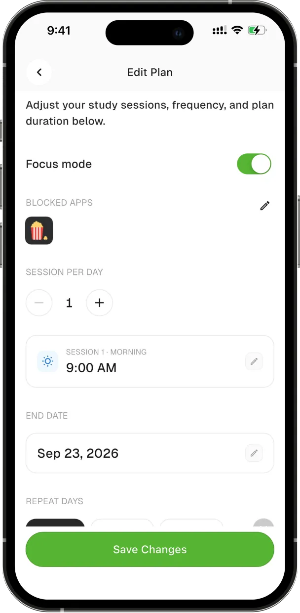 Plan settings with focus mode on, a blocked app and a 9:00 AM morning session