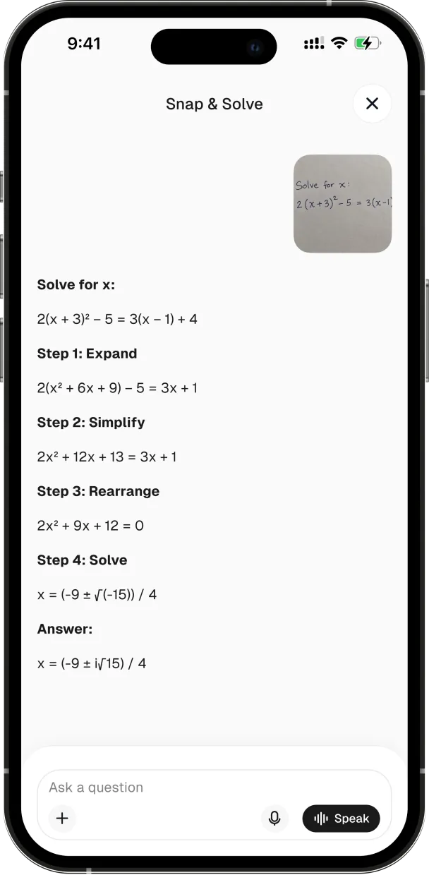 A photographed algebra problem worked through step by step to its answer
