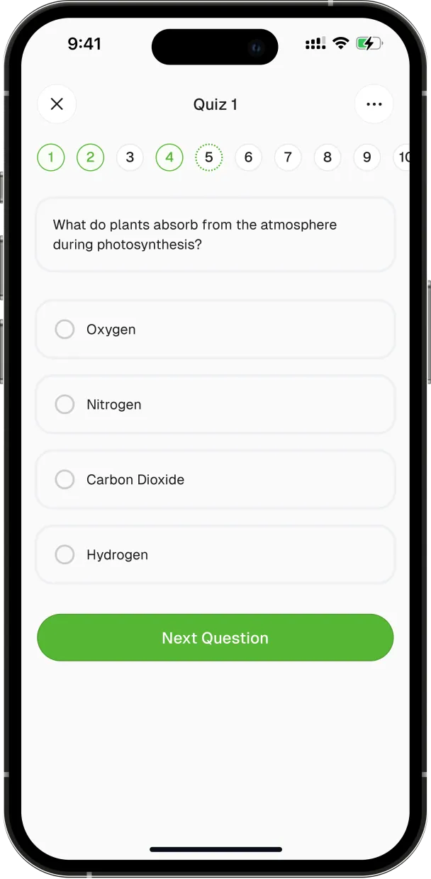A multiple-choice quiz question asking what plants absorb during photosynthesis