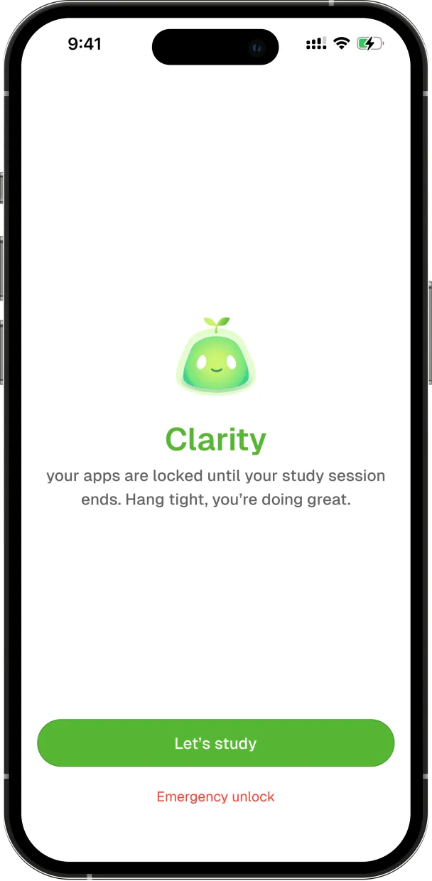 A shield saying apps are locked until the study session ends, with an emergency unlock link