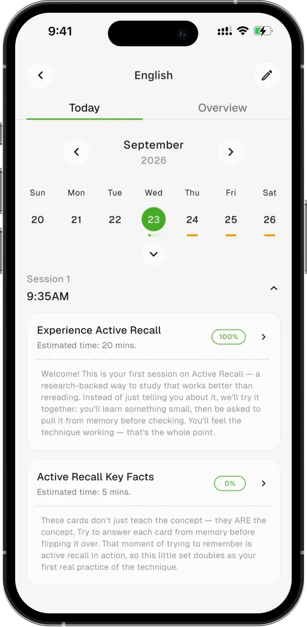 A study session with its tasks listed, each with an estimated time and a progress badge