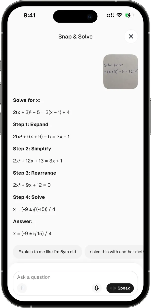 A photographed algebra problem solved in four labelled steps, with suggested follow-up questions below