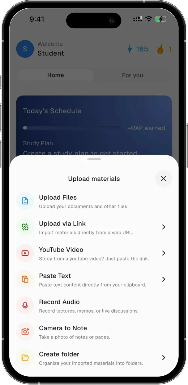 The upload menu offering files, a web link, a YouTube video, pasted text, an audio recording and a camera photo of notes